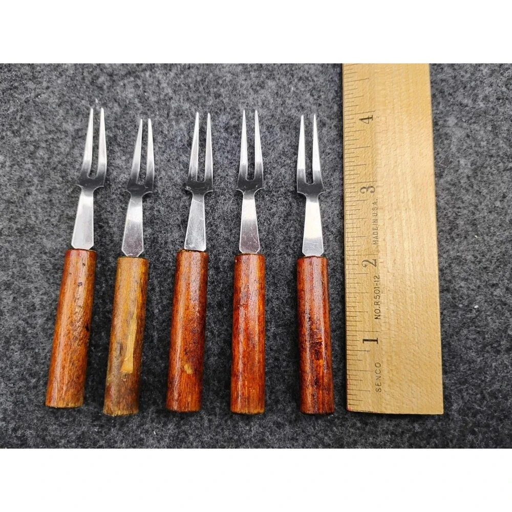 Vintage MCM Appetizer Cocktail Mini Forks Set Of 5 Wood Handle